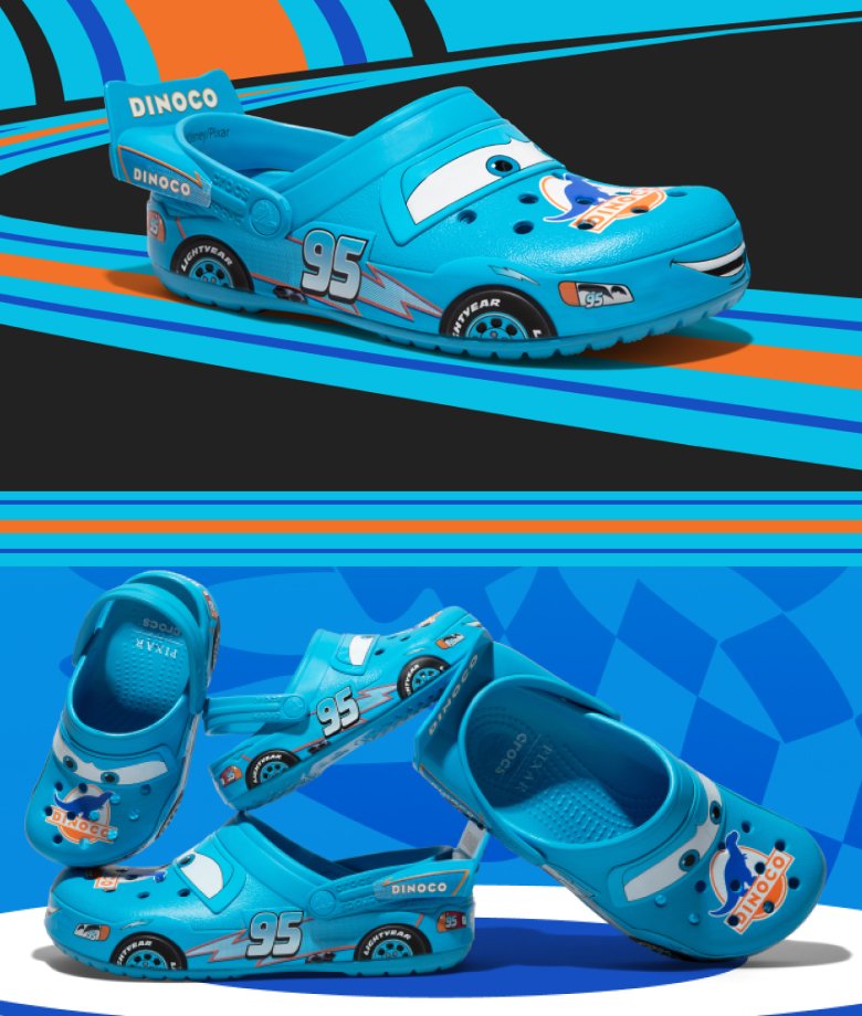 Modri natikači Crocs Disney Pixar Cars Dinoco, pogled od zgoraj in s strani
